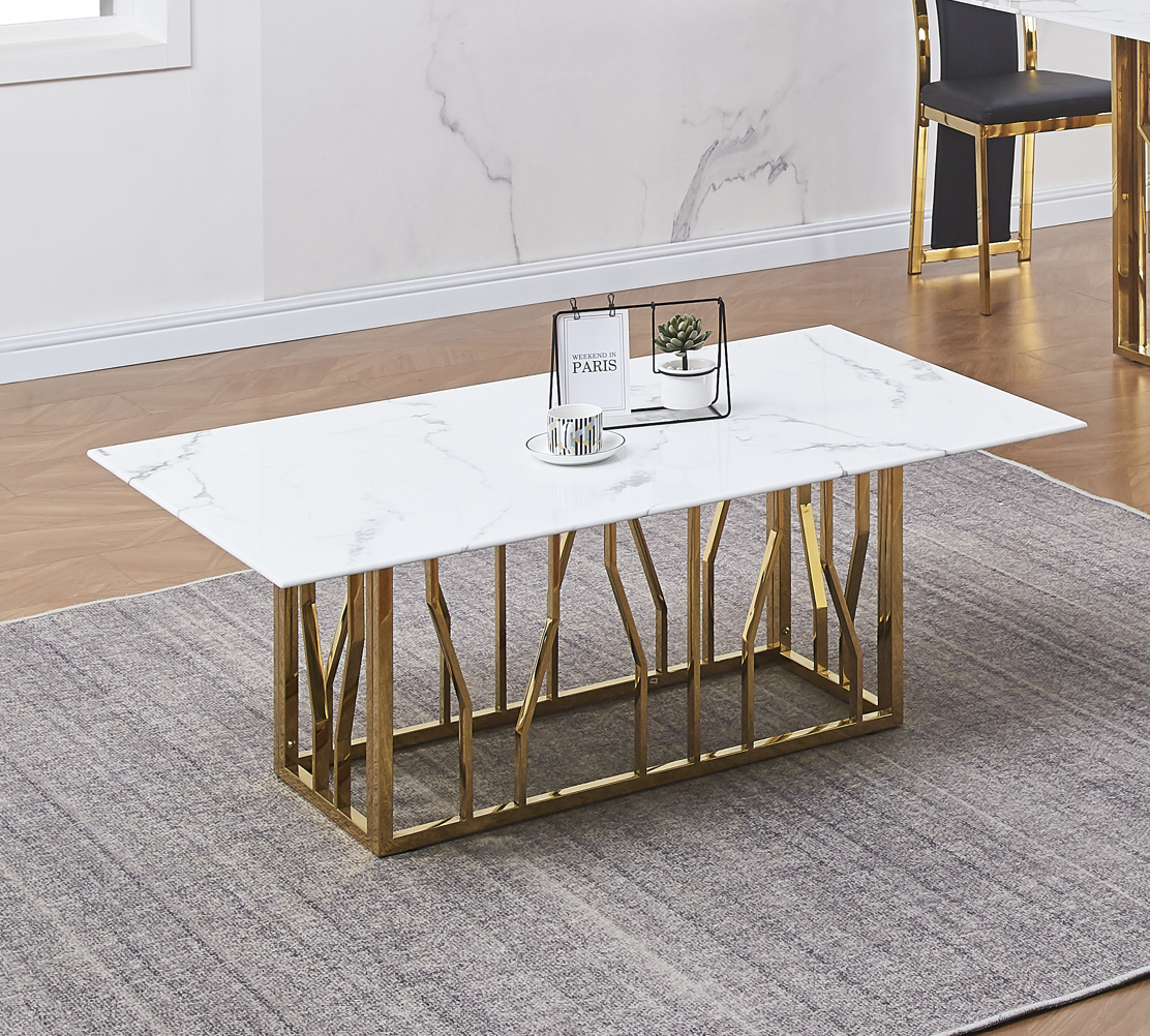 Table Basse véritable plateau marbre couleur blanc pieds dorée , argentée
